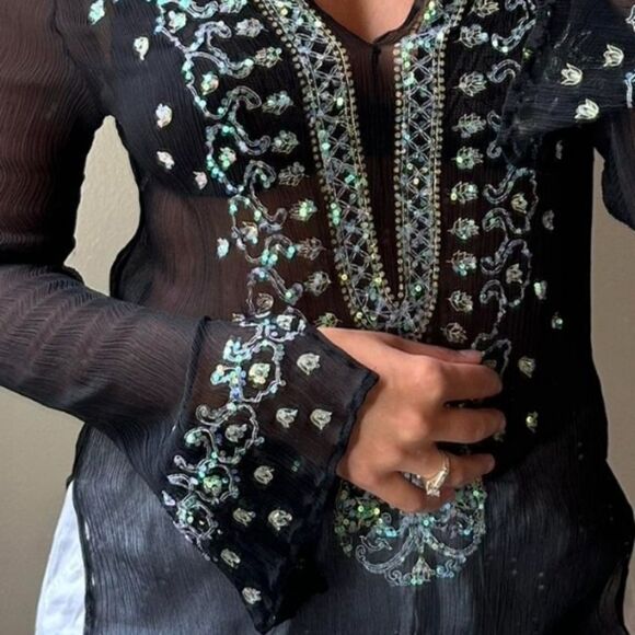 Venus Black Semi Sheer Silk Turquoise  Sequin Embroidered Beaded Tunic S - Picture 2 of 14